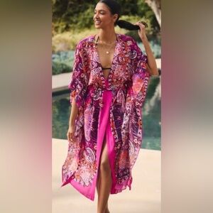 Anthropologie Pink and Orange Patterned Kimono rob, swimsuit cover up